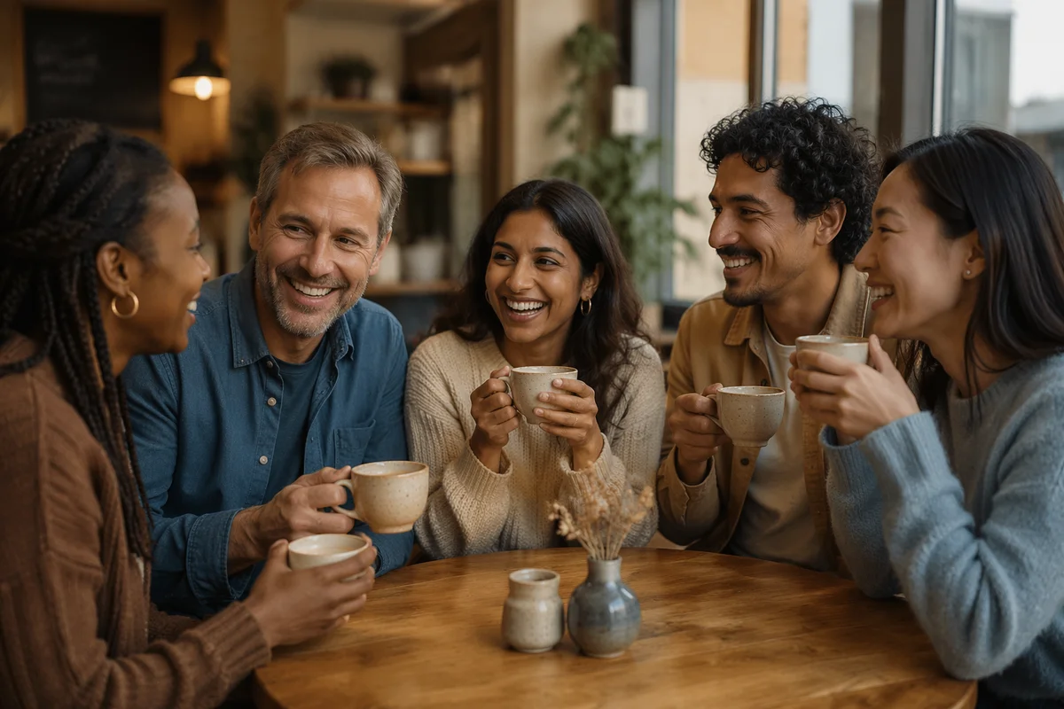 Friends Laughing Over Coffee in Cafe