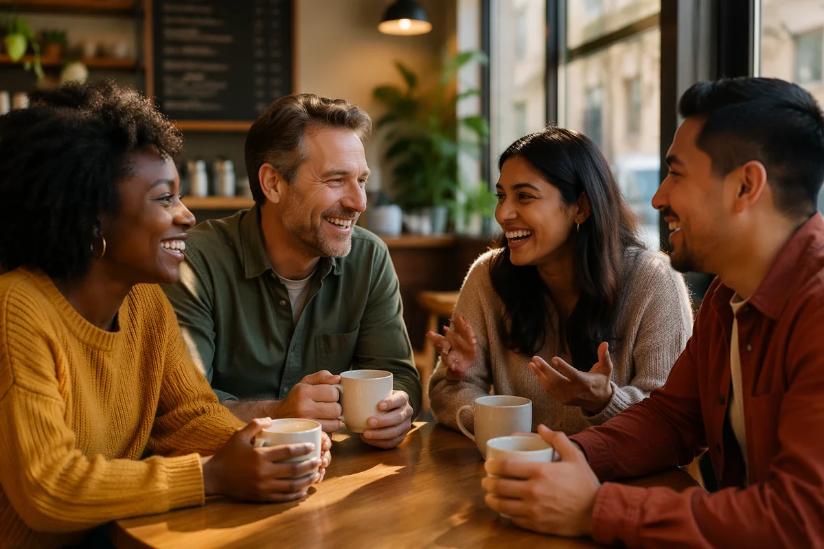 Four Friends Laughing Over Coffee Together