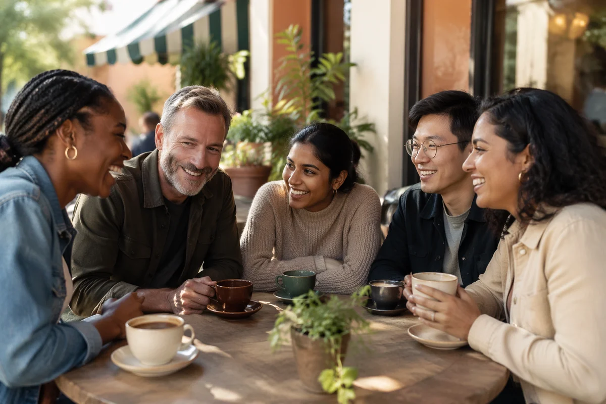 Diverse Friends Laughing at Cafe Patio