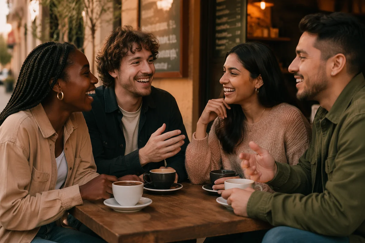 Four Friends Laughing at Cafe Patio