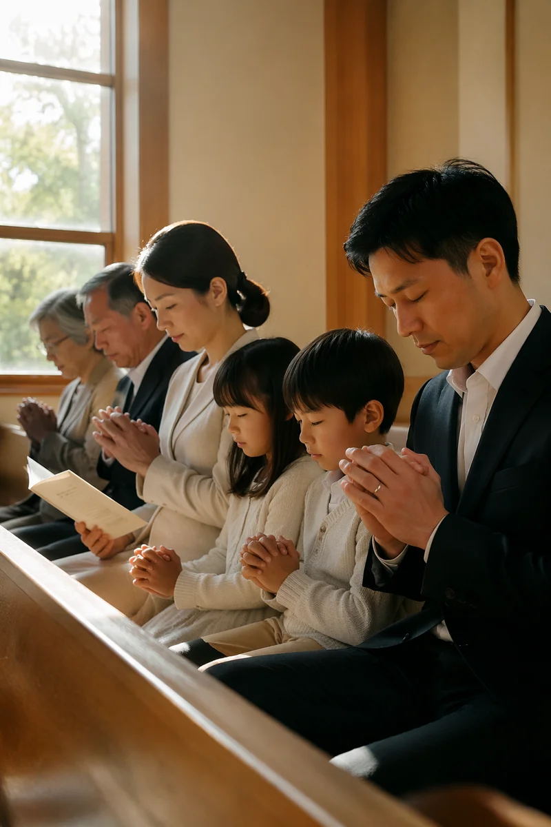 Japanese Family Praying in Modern Chapel