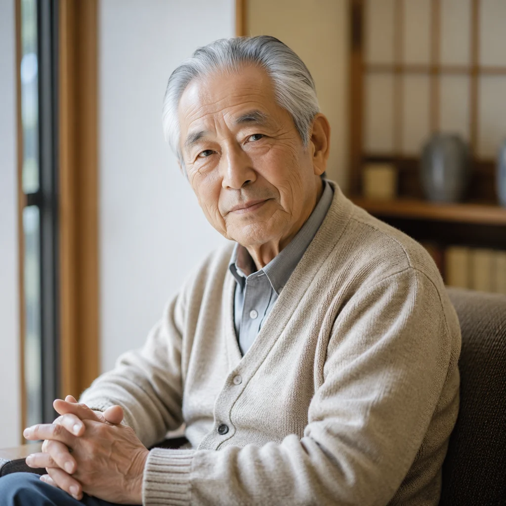 Elderly Japanese Grandfather by Window Portrait