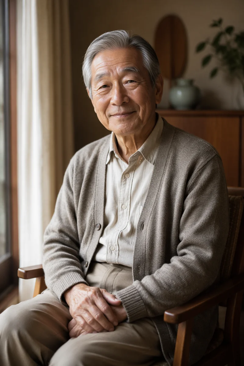 Elderly Japanese Grandfather by Window Portrait