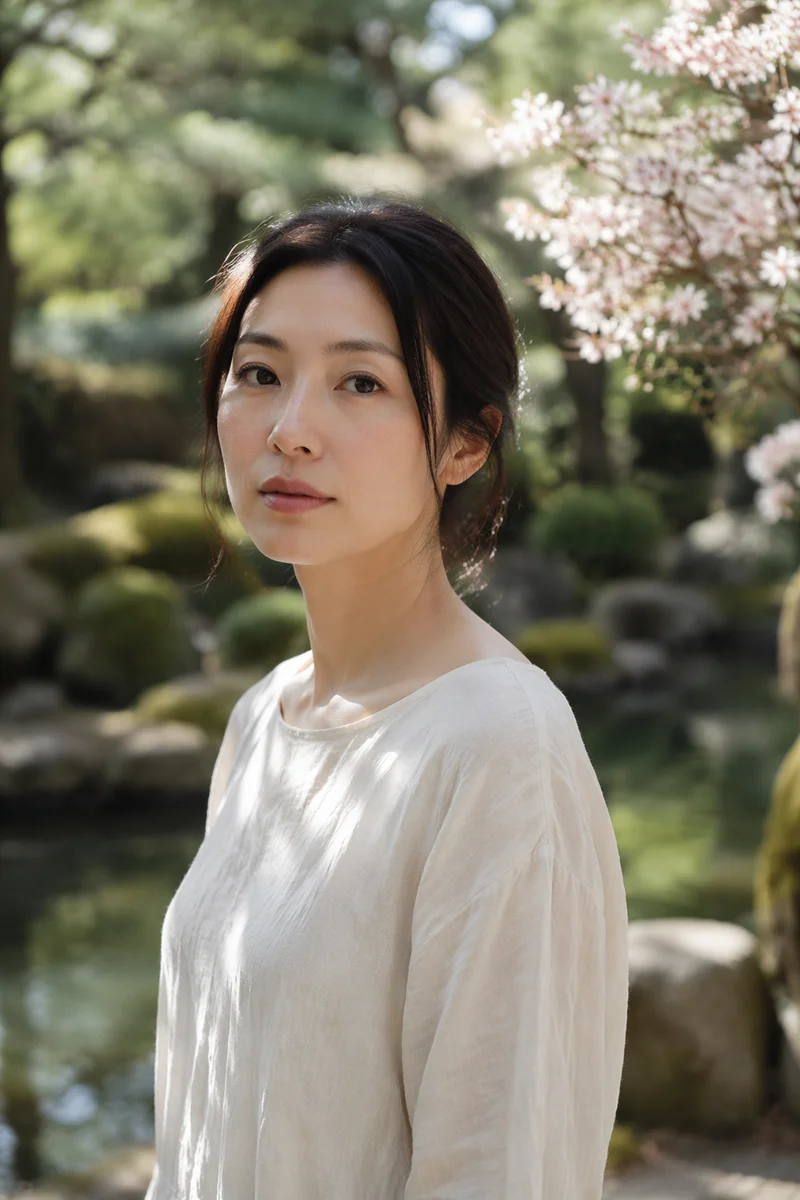 Japanese Woman in Serene Garden Portrait