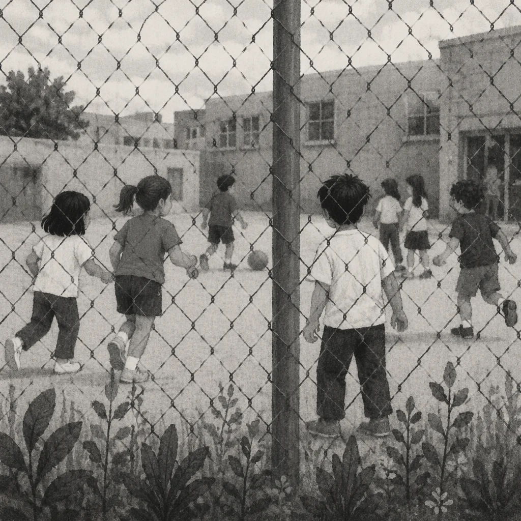 Children Playing Behind School Playground Fence