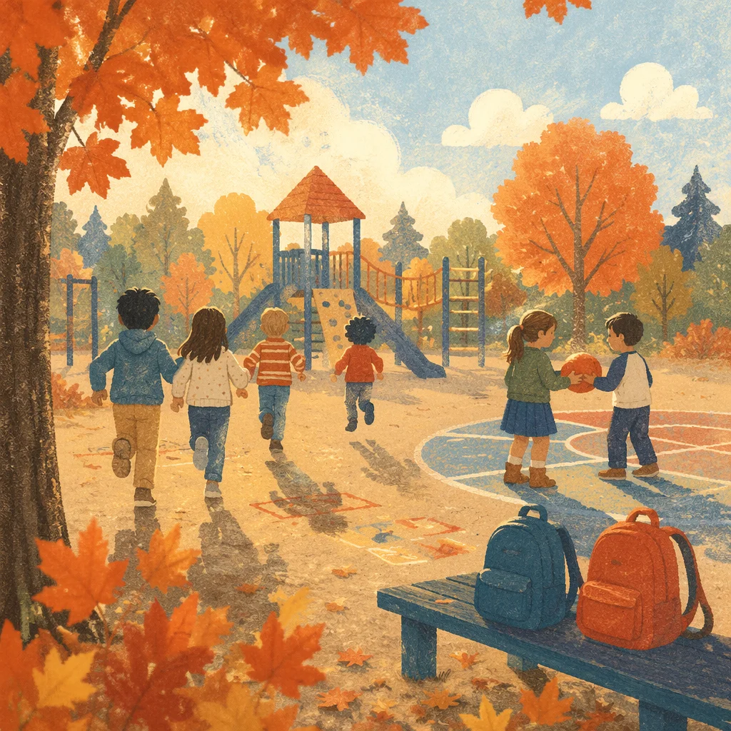 Children Playing on an Autumn School Playground