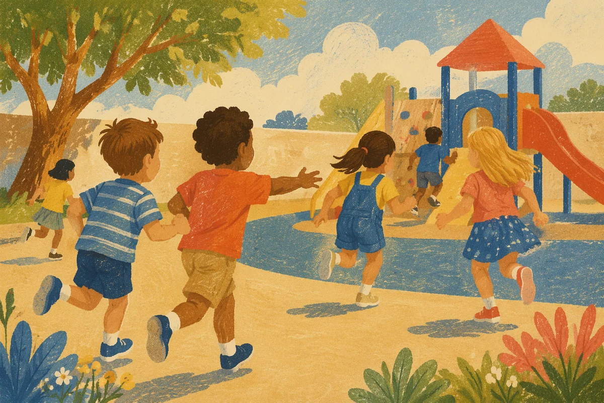 Children Playing on Sunny School Playground