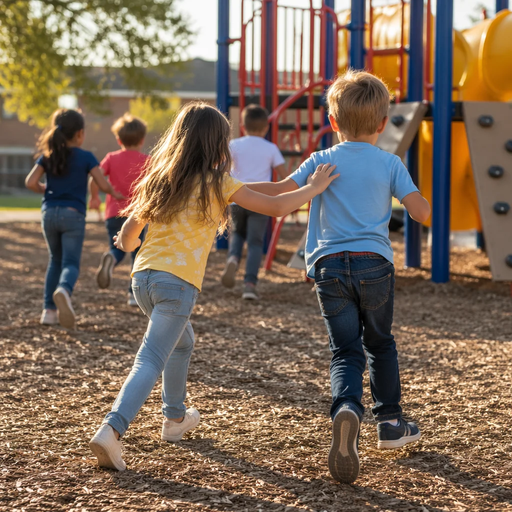 Children Playing on Sunny School Playground