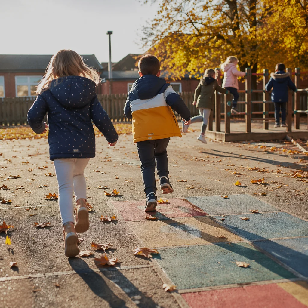 Children Playing on Autumn School Playground