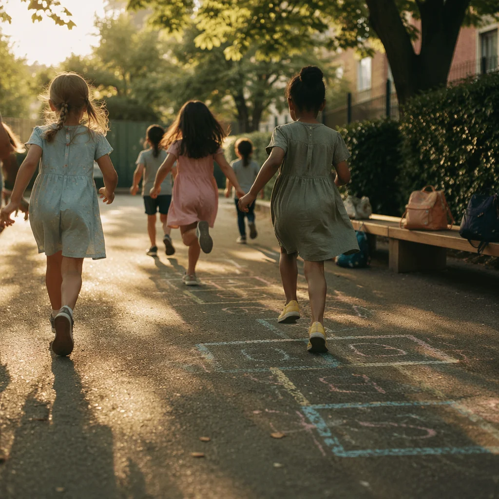 Children Running on Warm School Playground