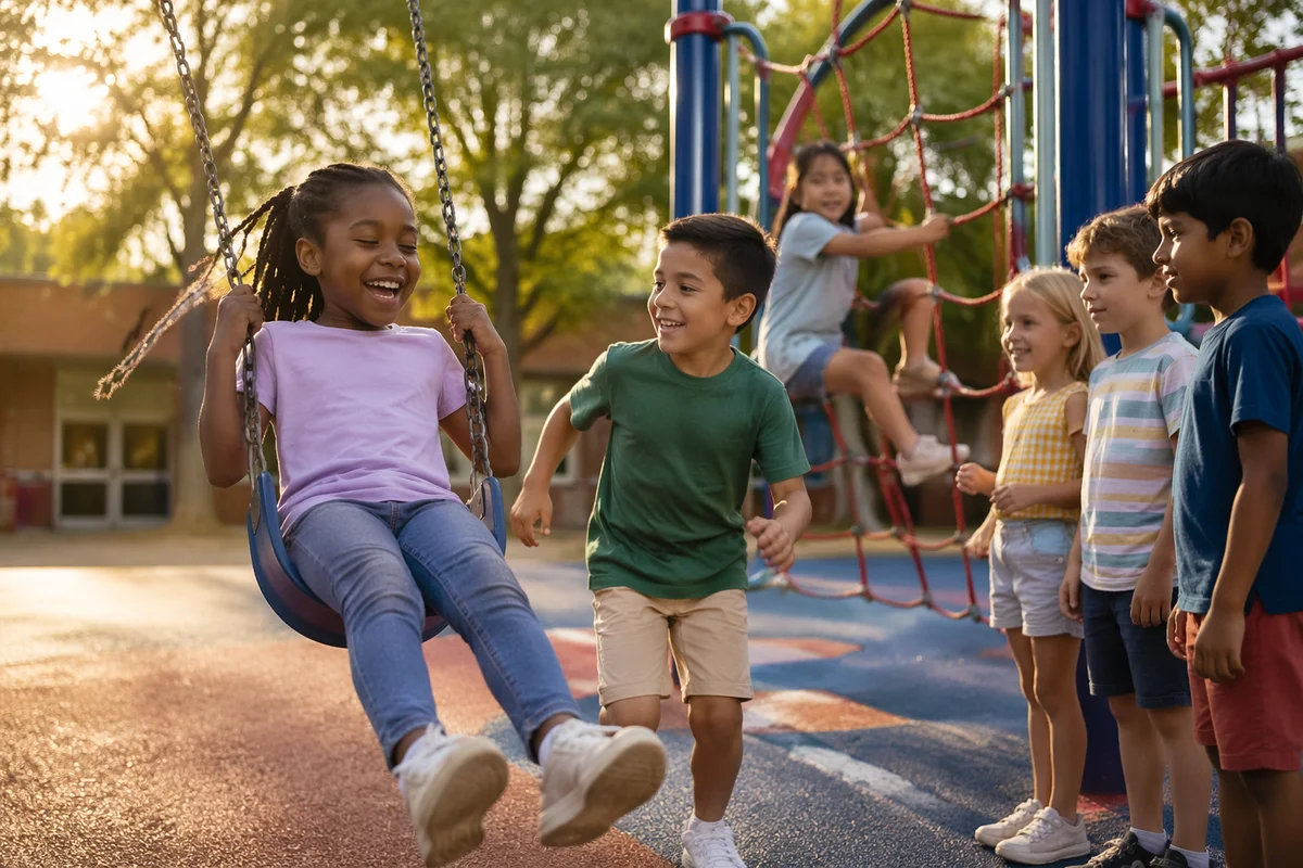 Children Playing on Sunny School Playground