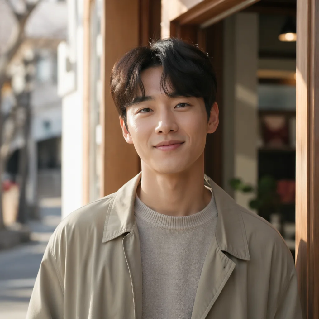 Friendly Young Korean Man in Cafe Doorway