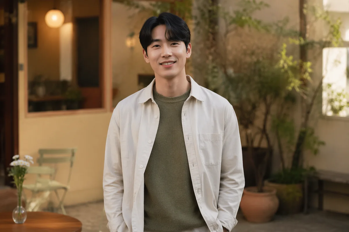 Friendly Korean Man in Cafe Courtyard