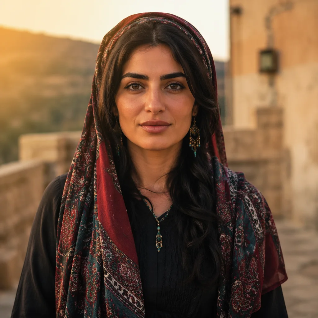 Confident Kurdish Woman on Stone Terrace