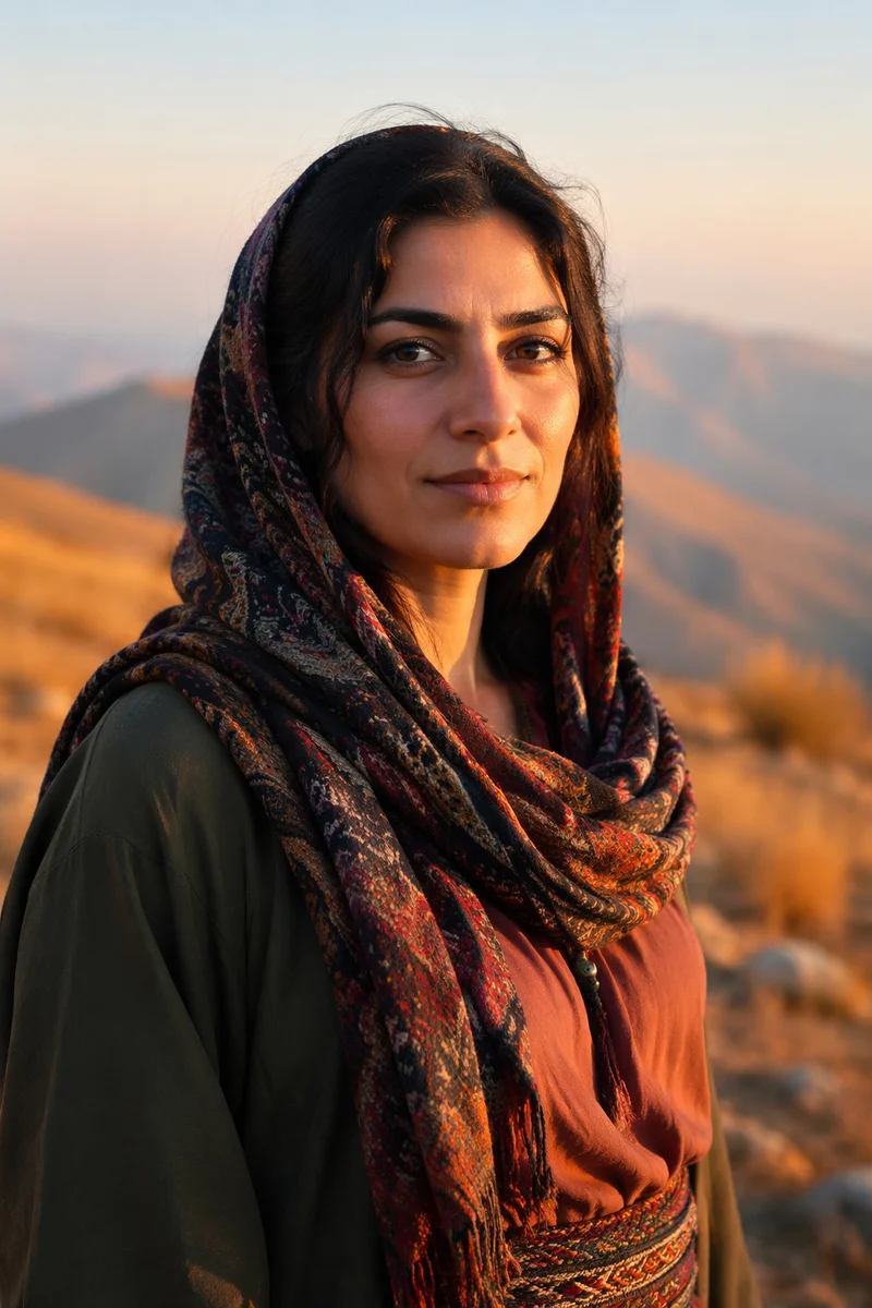 Kurdish Woman Portrait on Hillside at Golden Hour