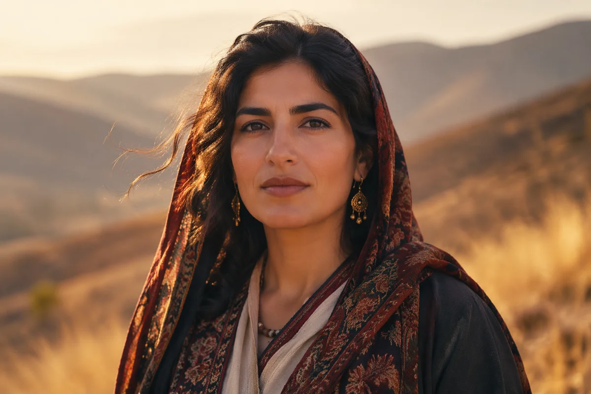Confident Kurdish Woman on Golden Hillside