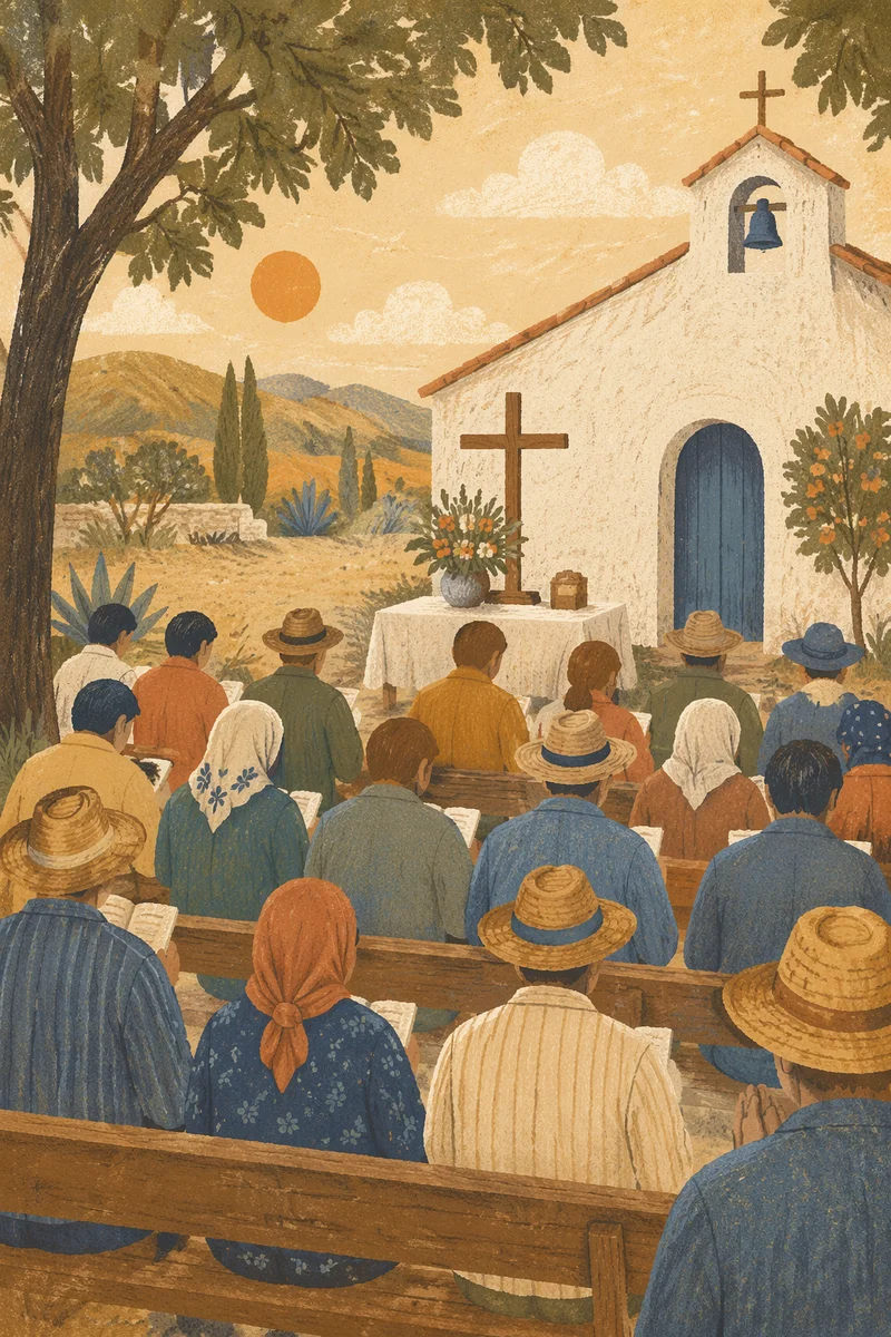 Rural Latin American Church Service at Sunset