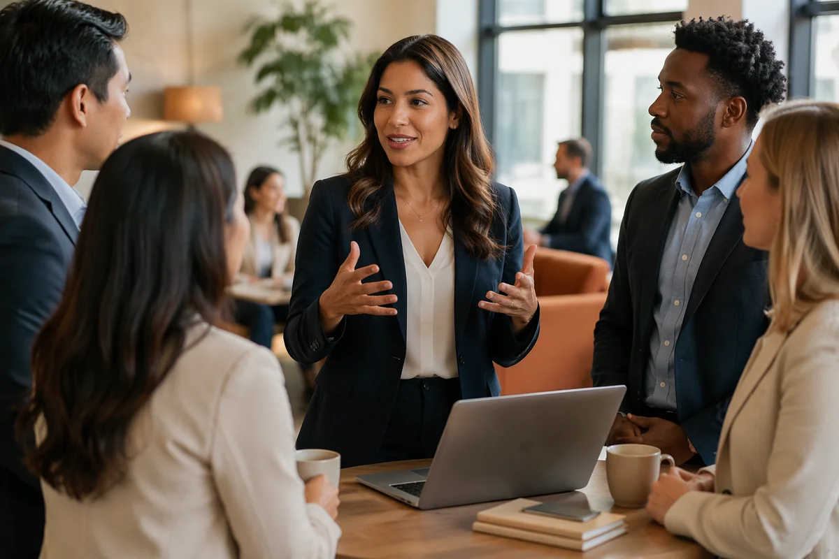 Confident Professional Leading Coworking Conversation