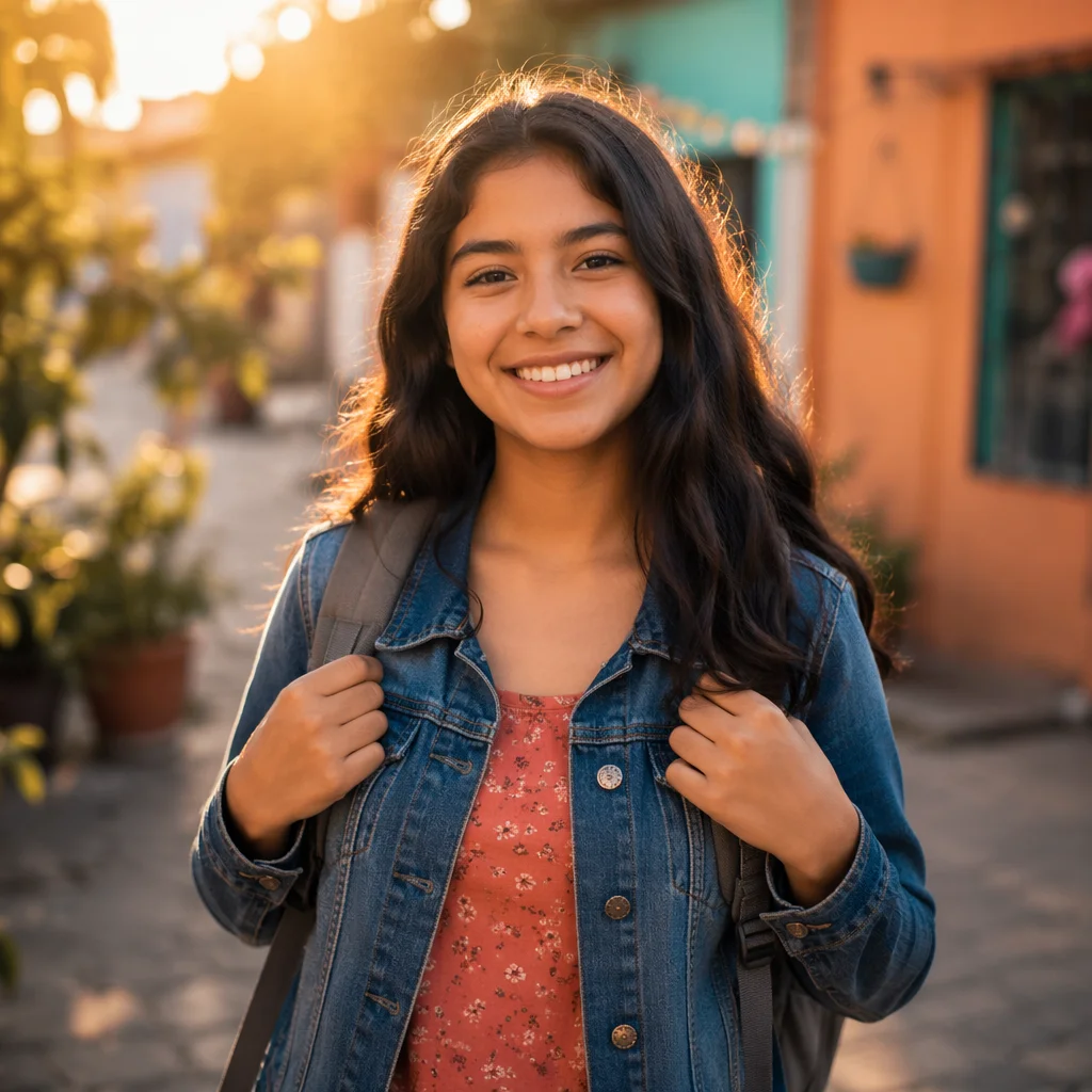 Happy Latina Teen in Sunlit Courtyard