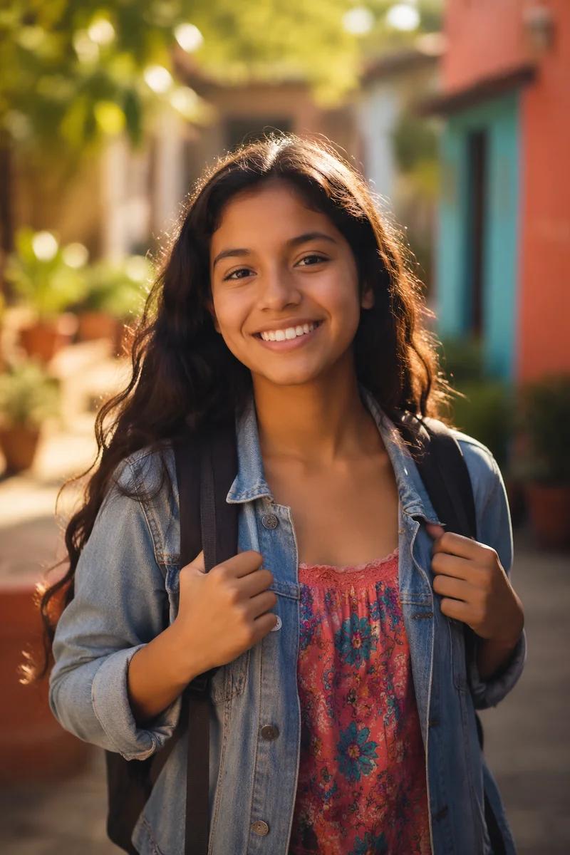 Happy Latina Teen in Sunlit Courtyard