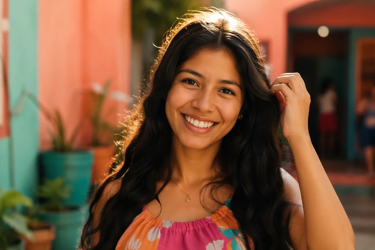 Happy Latina Teenager in Sunlit Courtyard