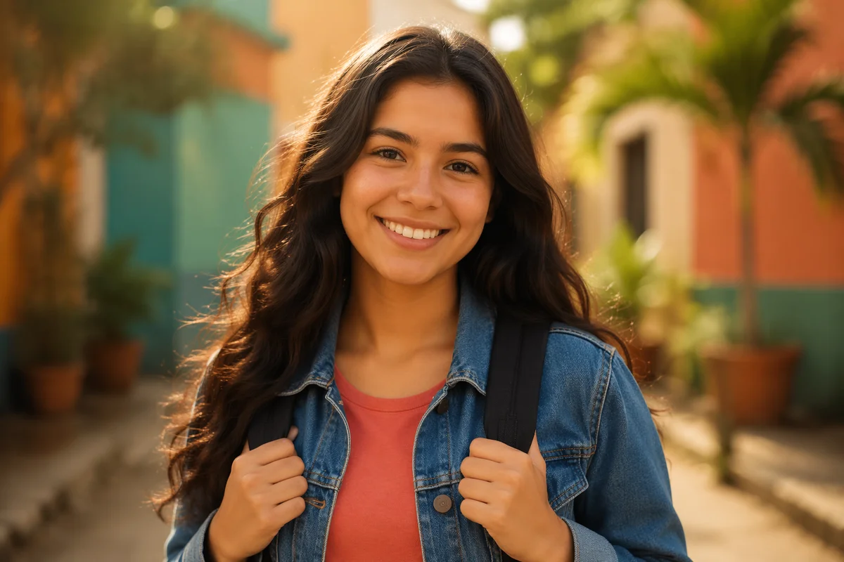 Happy Latina Teen in Urban Courtyard