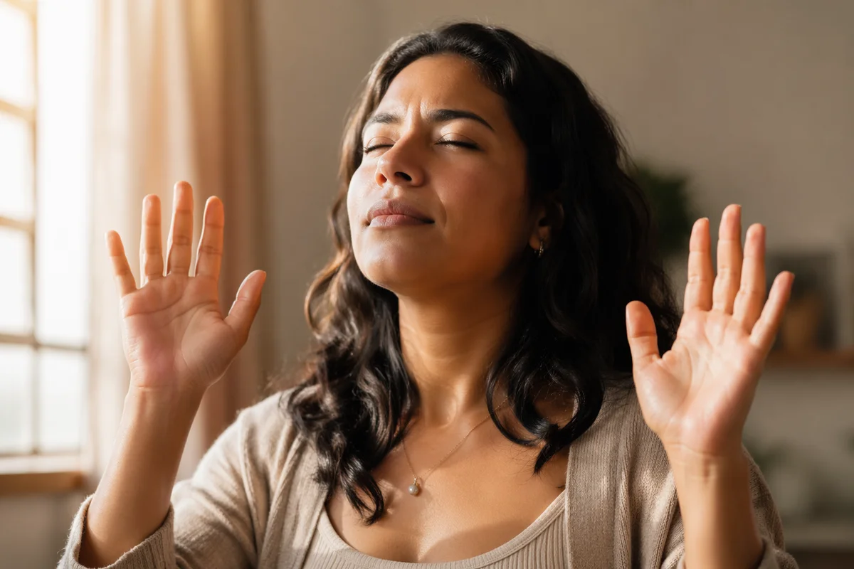 Peaceful Woman with Raised Hands Portrait