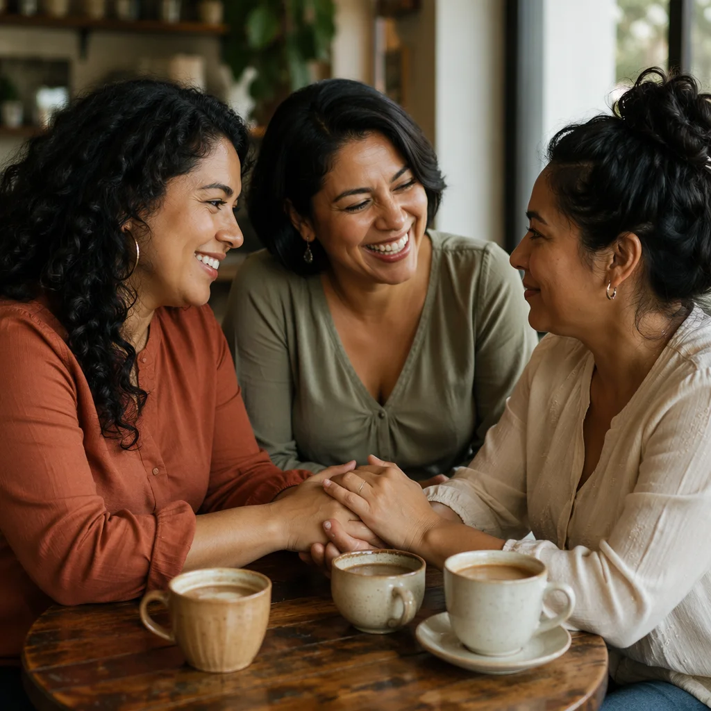 Three Latina Friends Sharing Coffee Together