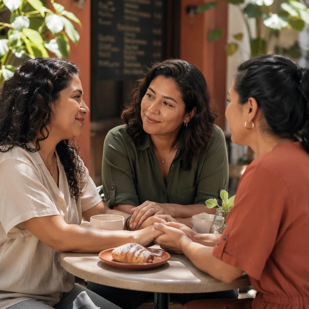 Three Women Sharing Coffee on Patio