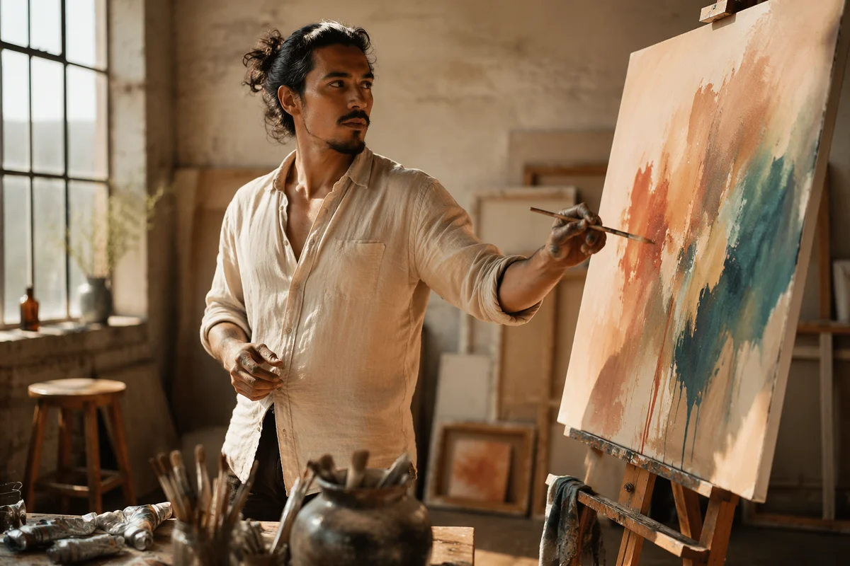 Latino Artist Painting in Sunlit Studio