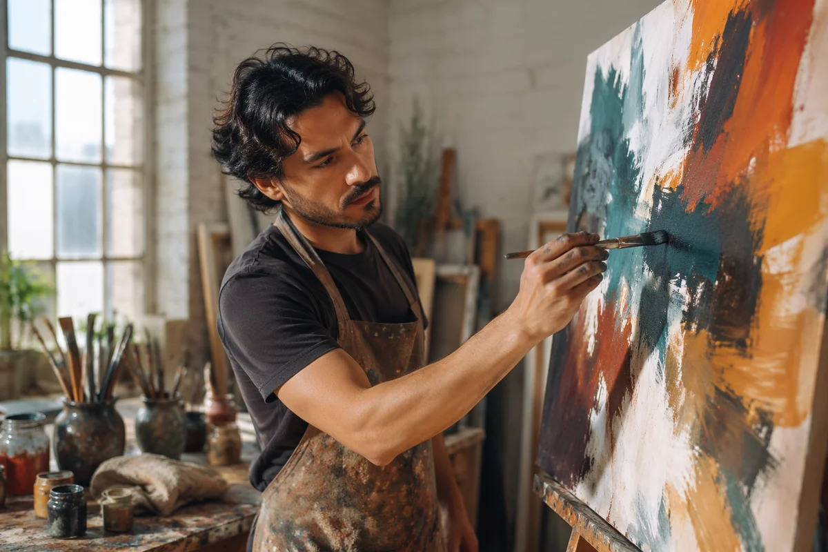 Latino Artist Painting in Sunlit Studio