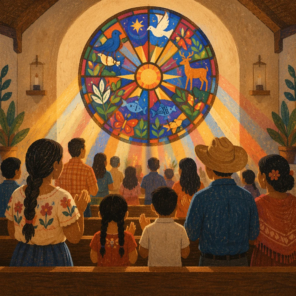 Latino Congregation Before Stained Glass Window