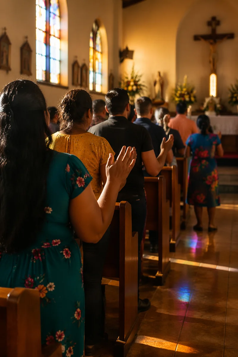 Colorful Church Congregation from Side Aisle