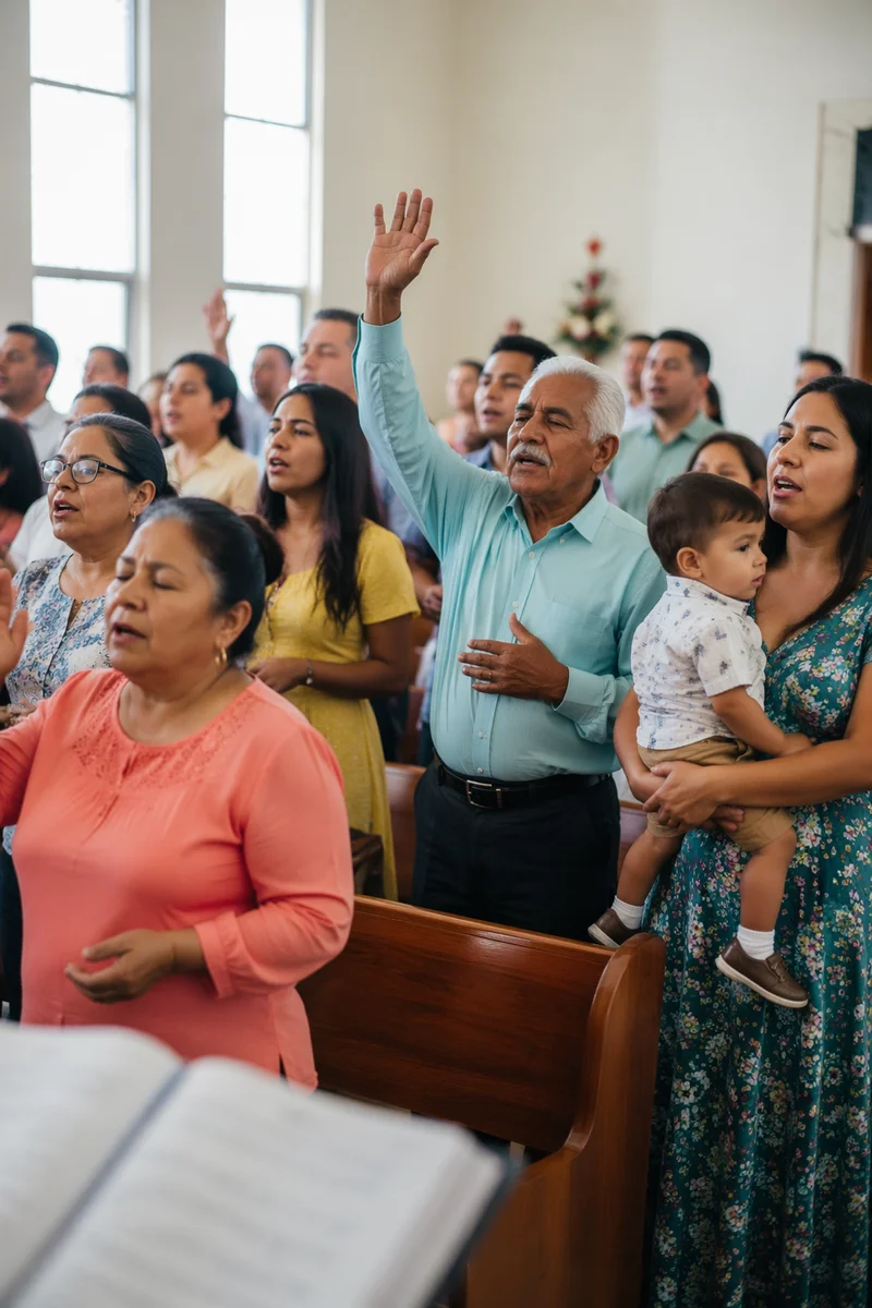 Joyful Latino Congregation in Sunlit Sanctuary