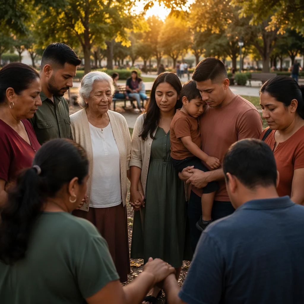 Latino Community Circle in Park at Sunset