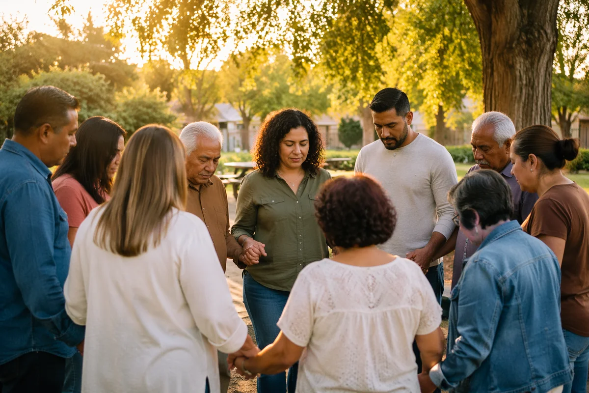 Latino Prayer Circle in Park at Sunset