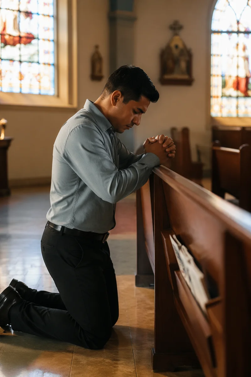 Latino Man Kneeling Beside Church Pew