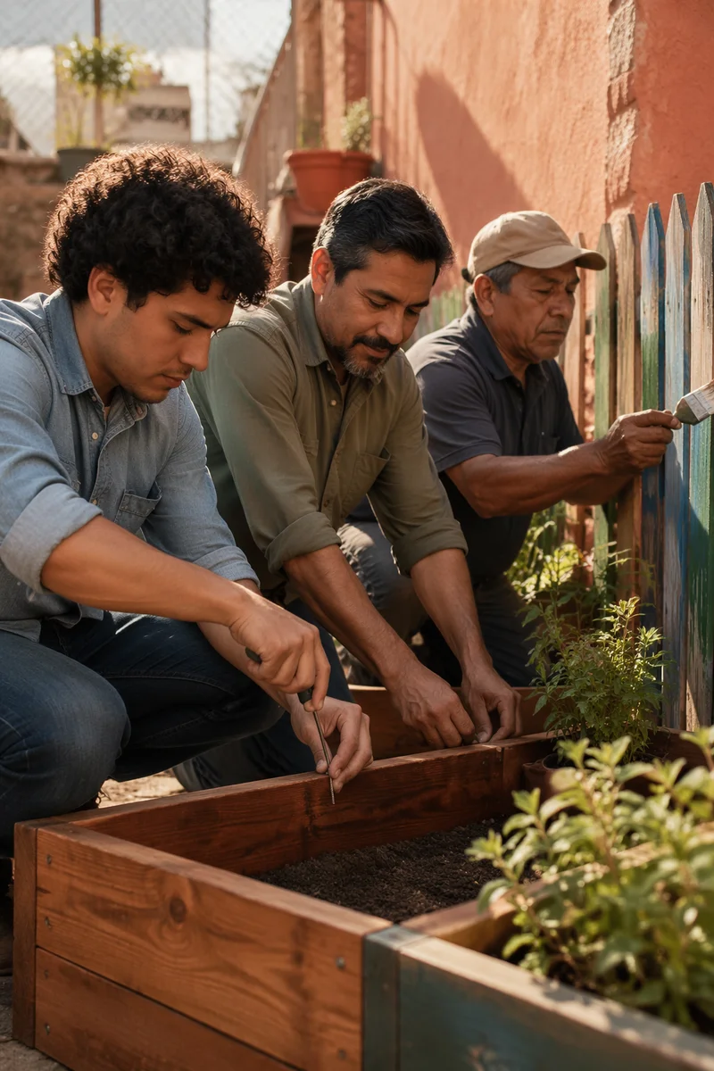 Latino Men Building Garden Beds Together