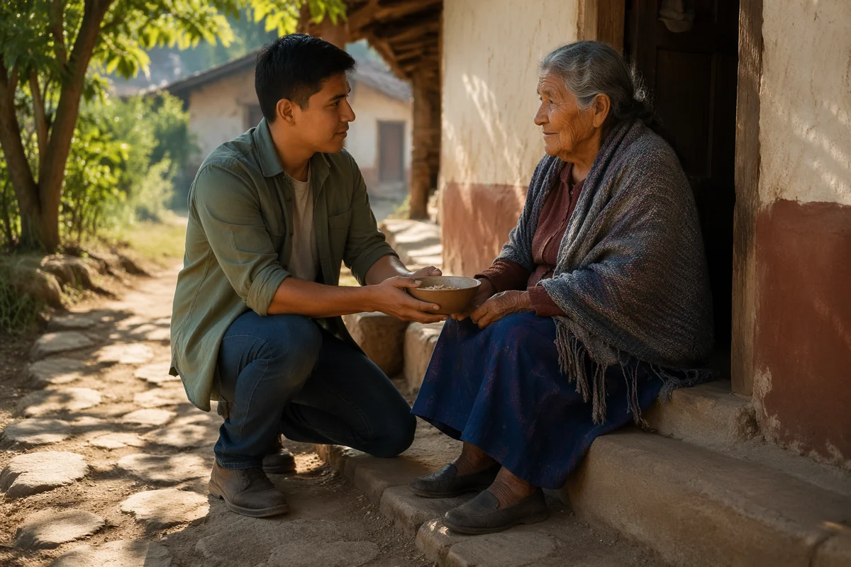 Young Man Helping Elderly Woman Outdoors