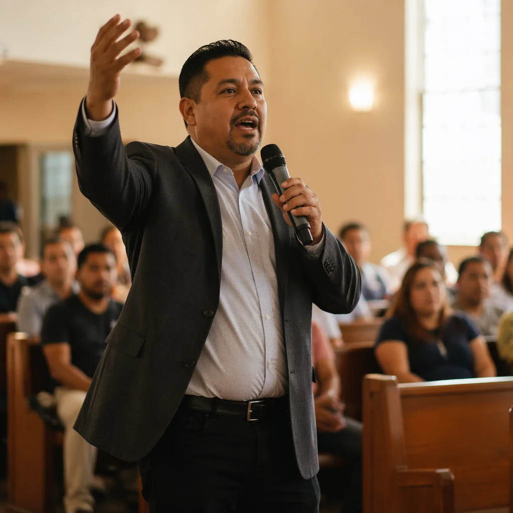 Latino Pastor Preaching in Modern Church