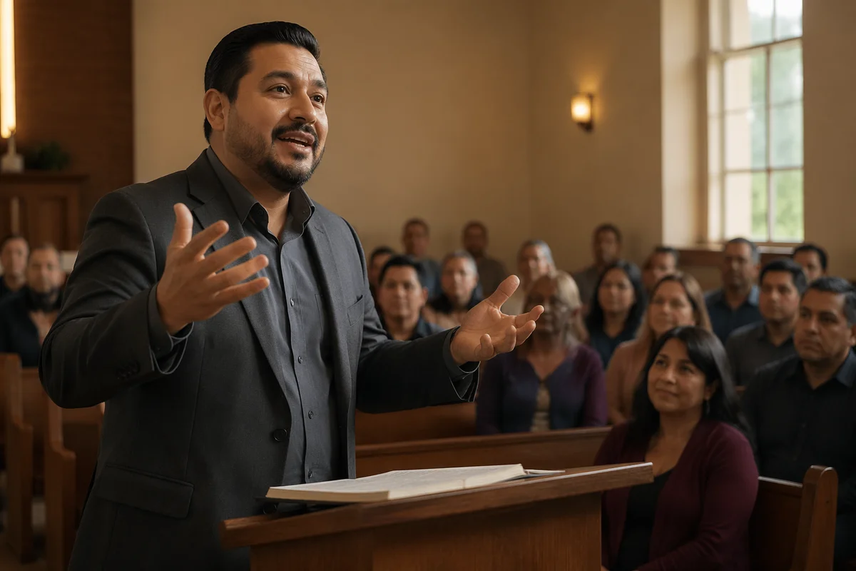 Latino Pastor Preaching in Church Sanctuary