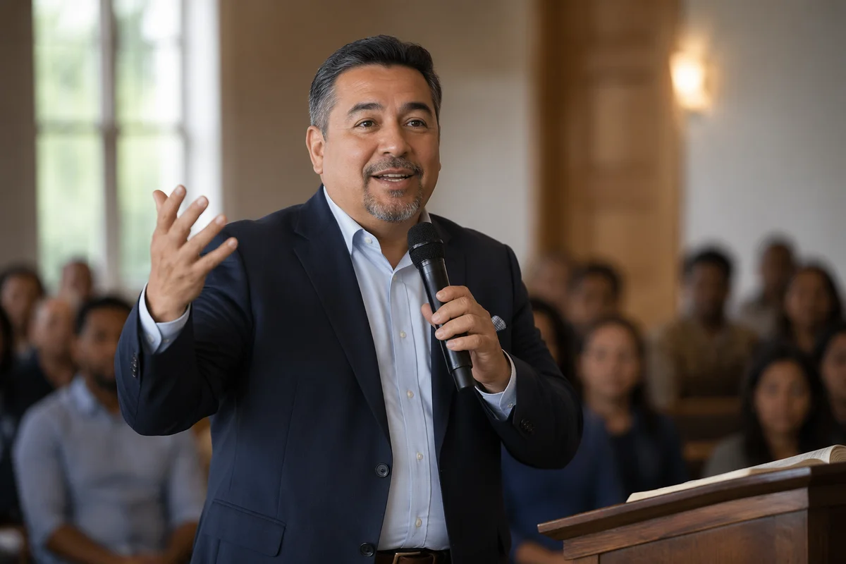 Latino Pastor Speaking in Bright Church