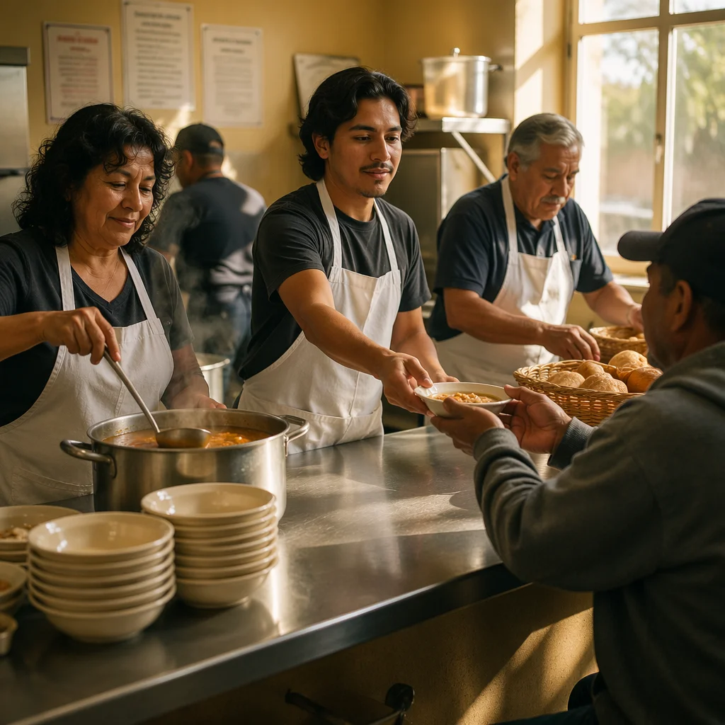 Latino Volunteers Serving Food in Community Kitchen