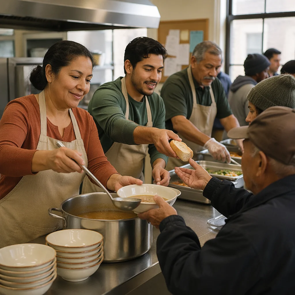 Volunteers Serving Food in Community Kitchen