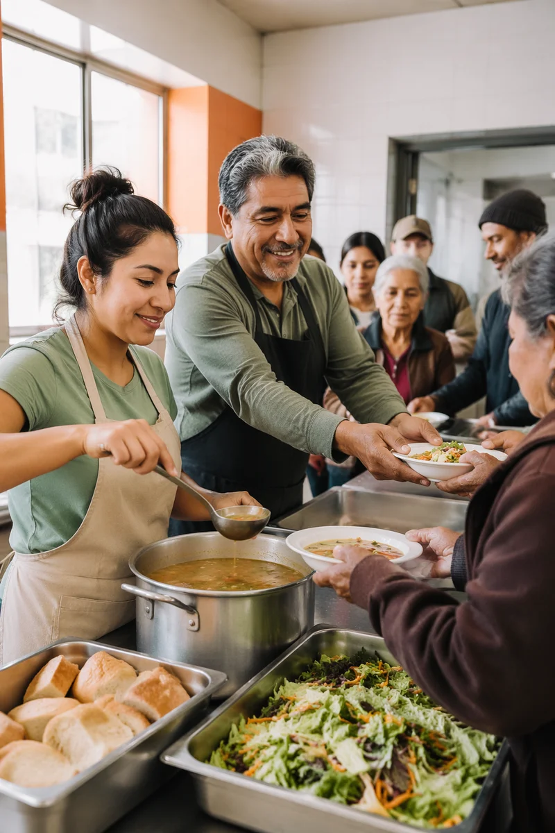 Latino Volunteers Serving Meals in Community Kitchen