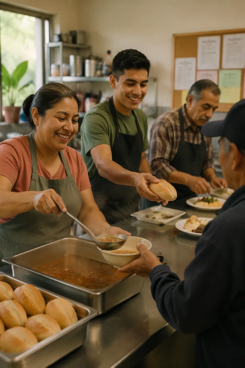 Latino Volunteers Serving Meals in Community Kitchen