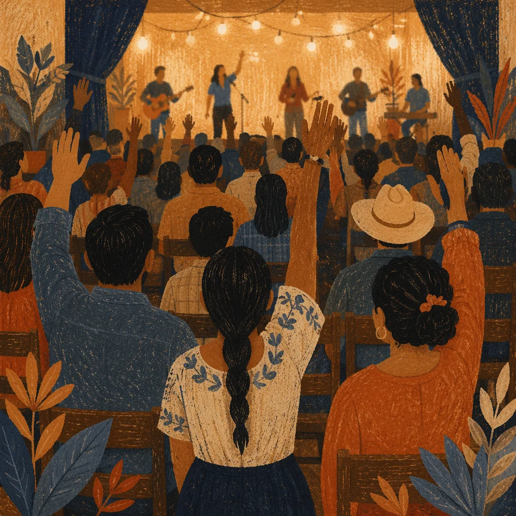 Raised Hands in Warm Worship Gathering