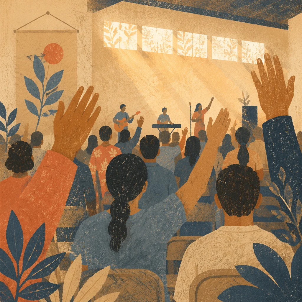 Raised Hands in Community Hall Worship