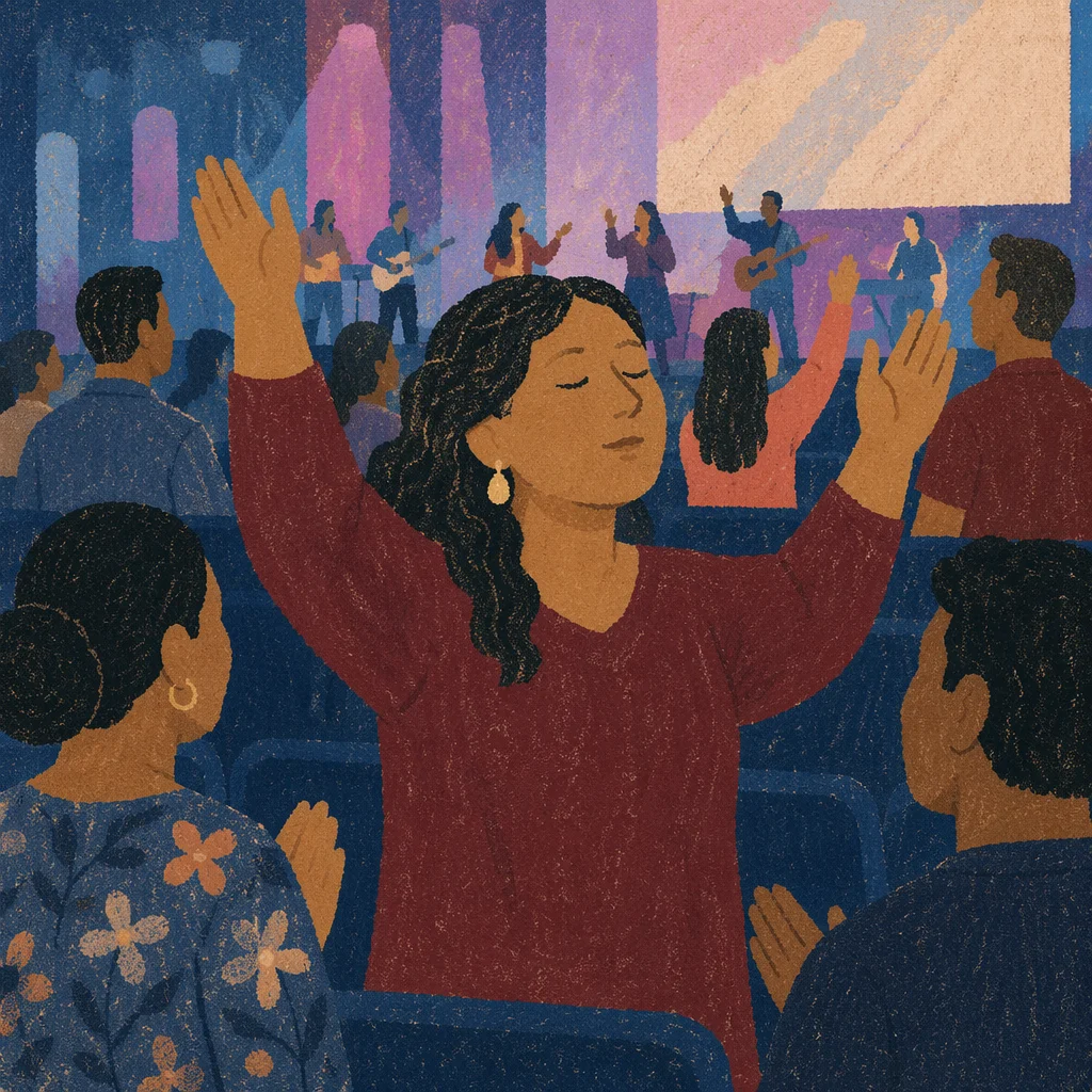 Hands Raised in Auditorium Gathering