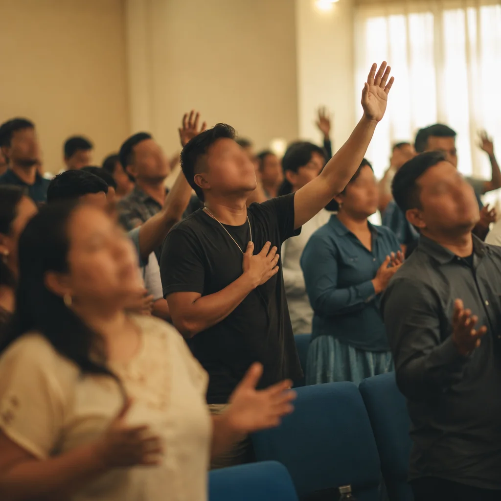 Latino Congregation Worship with Raised Hands